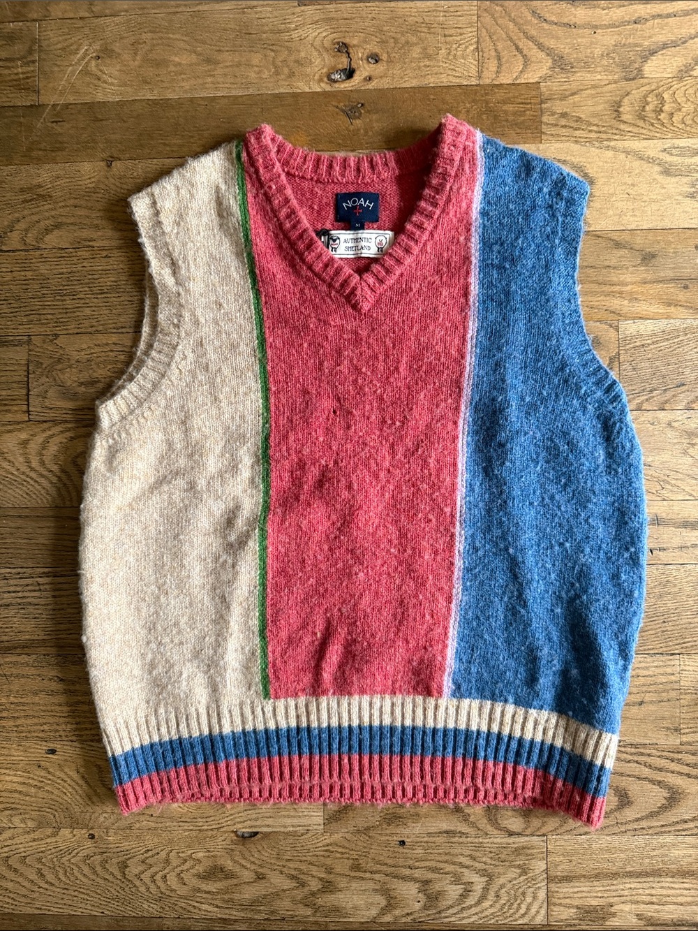 Noah Colorblock V-Neck Wool Sweater Vest - Red/Blue/Cream